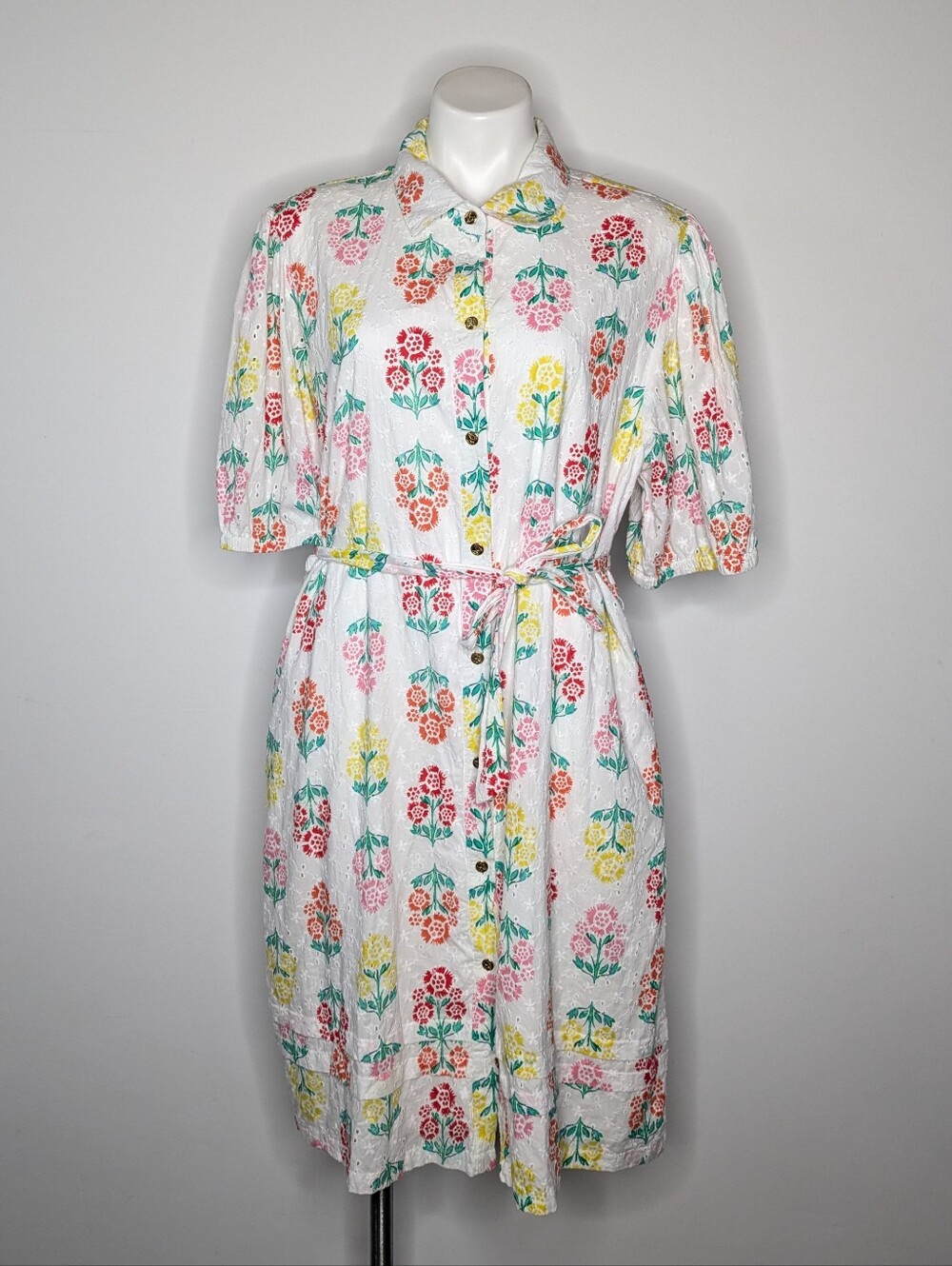 Draper James White Orange Yellow Pink Floral Eyelet Lace Button Up Dress XXL